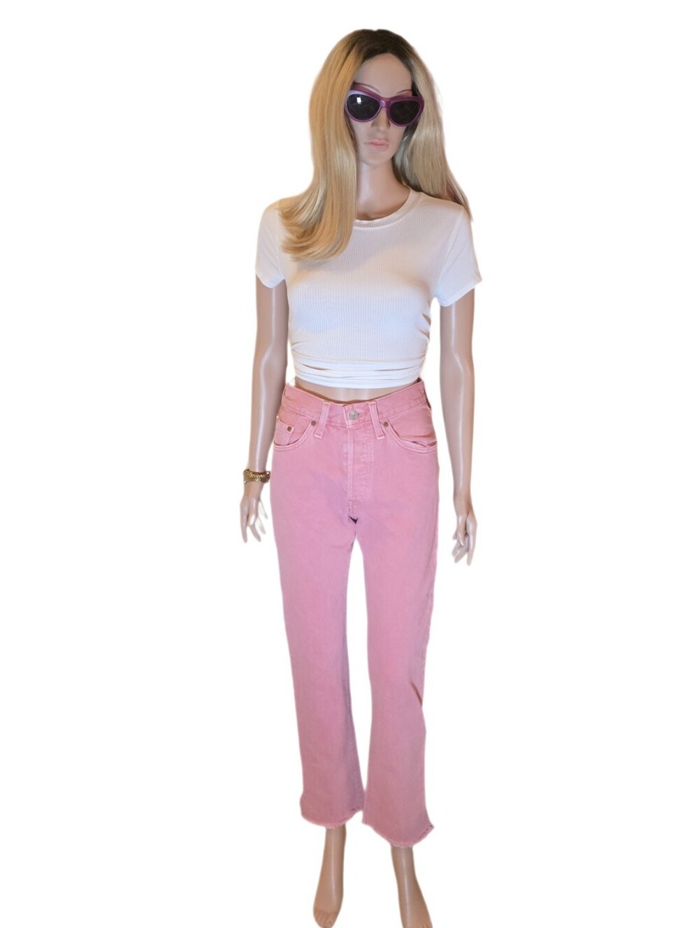 Levi's 501 Cropped Straight Leg Jeans Scraped Pale Mauve Pink 24x30 EUC - Picture 5 of 15